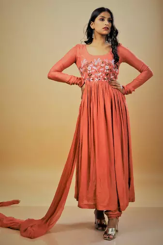Rust cotton embroidered kurta sets