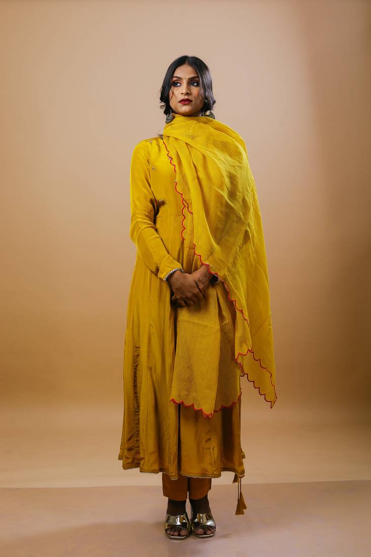 Mustard crepe embroidered kurta sets