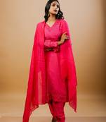 Fuchsia cotton blend embroidered kurta sets