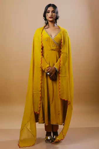 Mustard crepe embroidered kurta sets