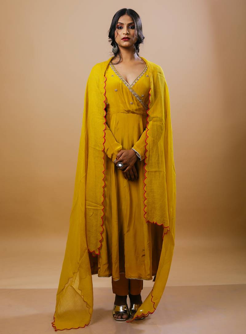 Mustard crepe embroidered kurta sets