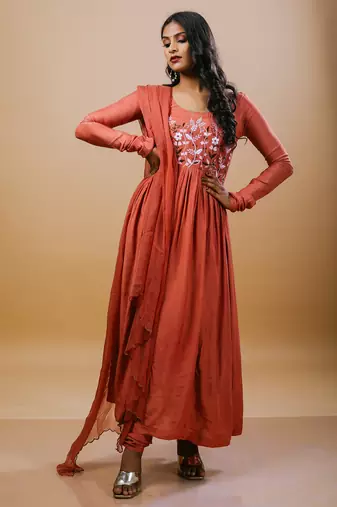 Rust cotton embroidered kurta sets