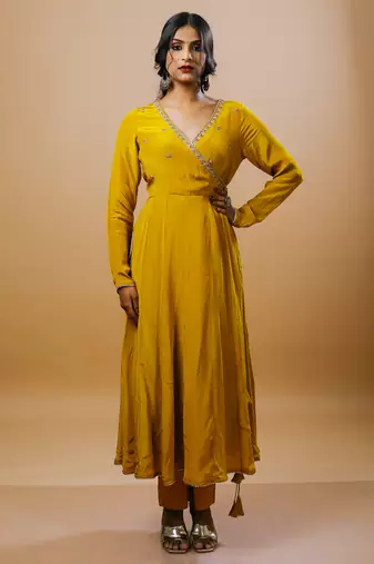 Mustard crepe embroidered kurta sets