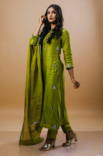 Green chanderi embroidered kurta sets