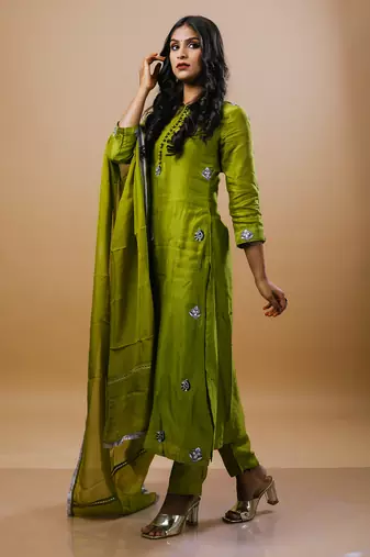 Green chanderi embroidered kurta sets