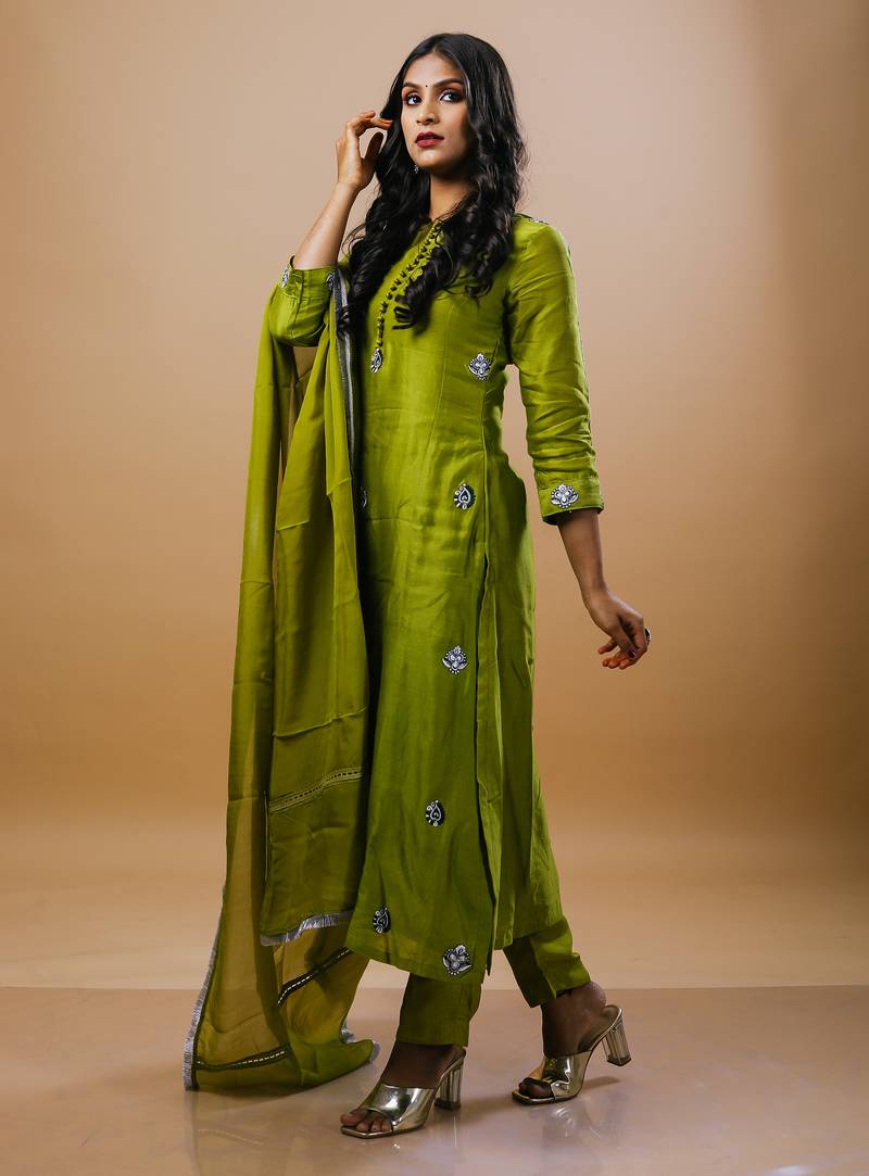 Green chanderi embroidered kurta sets
