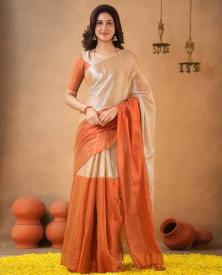 Orange Pure Tissue Cotton Handloom South Indian Style Saree with Unstitched Blouse Piece 1
