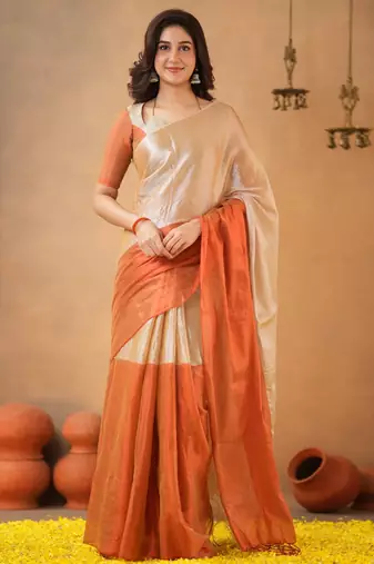 Orange Pure Tissue Cotton Handloom South Indian Style Saree with Unstitched Blouse Piece