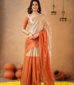 Orange Pure Tissue Cotton Handloom South Indian Style Saree with Unstitched Blouse Piece
