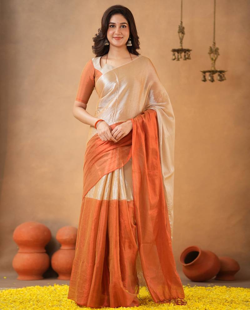 Orange Pure Tissue Cotton Handloom South Indian Style Saree with Unstitched Blouse Piece