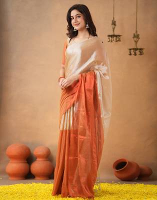 Orange Pure Tissue Cotton Handloom South Indian Style Saree with Unstitched Blouse Piece 2