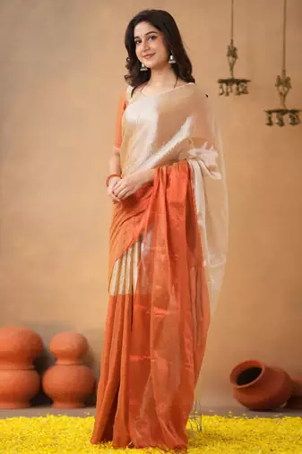 Orange Pure Tissue Cotton Handloom South Indian Style Saree with Unstitched Blouse Piece