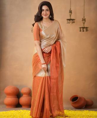 Orange Pure Tissue Cotton Handloom South Indian Style Saree with Unstitched Blouse Piece 3