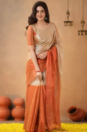 Orange Pure Tissue Cotton Handloom South Indian Style Saree with Unstitched Blouse Piece