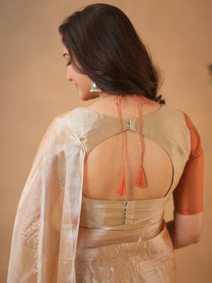 Orange Pure Tissue Cotton Handloom South Indian Style Saree with Unstitched Blouse Piece 5