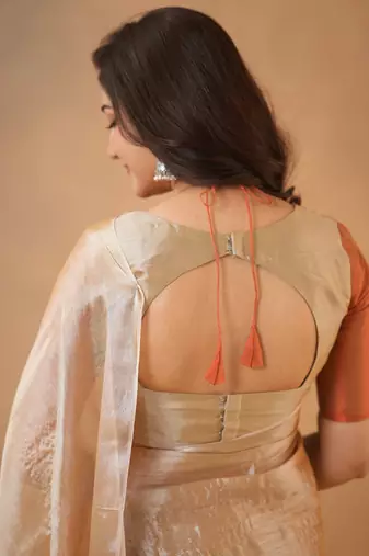 Orange Pure Tissue Cotton Handloom South Indian Style Saree with Unstitched Blouse Piece