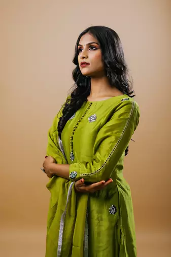Green chanderi embroidered kurta sets