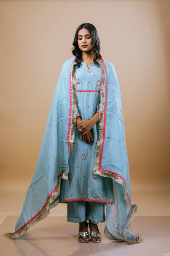Blue chanderi embroidered kurta sets