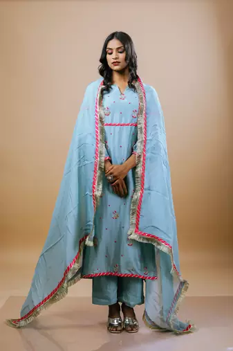Blue chanderi embroidered kurta sets