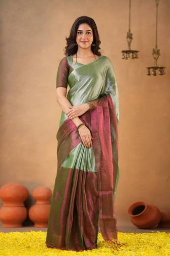 Green Pure Tissue Cotton Handloom South Indian Style Saree with Unstitched Blouse Piece