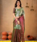 Green Pure Tissue Cotton Handloom South Indian Style Saree with Unstitched Blouse Piece