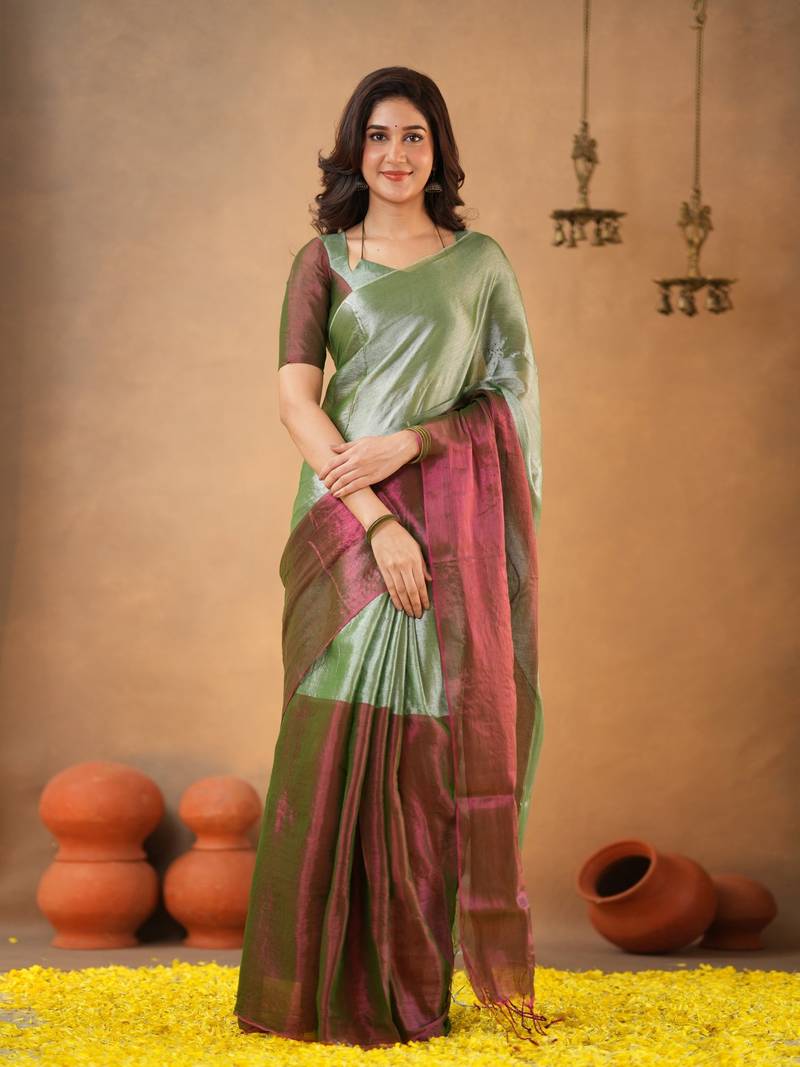 Green Pure Tissue Cotton Handloom South Indian Style Saree with Unstitched Blouse Piece