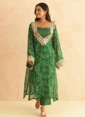Editha green bandhej mirror lace work fusion set 5