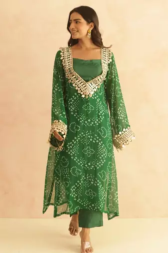 Editha green bandhej mirror lace work fusion set