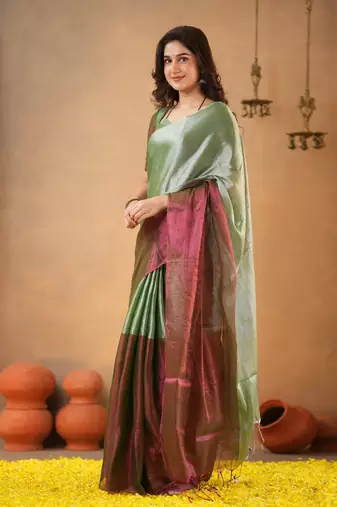 Green Pure Tissue Cotton Handloom South Indian Style Saree with Unstitched Blouse Piece