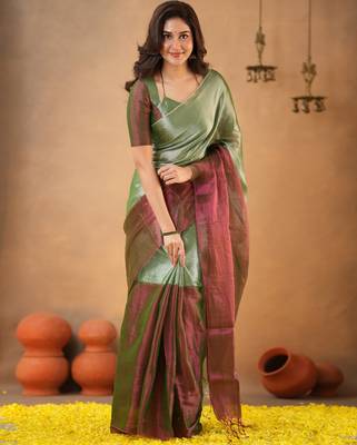 Green Pure Tissue Cotton Handloom South Indian Style Saree with Unstitched Blouse Piece 3