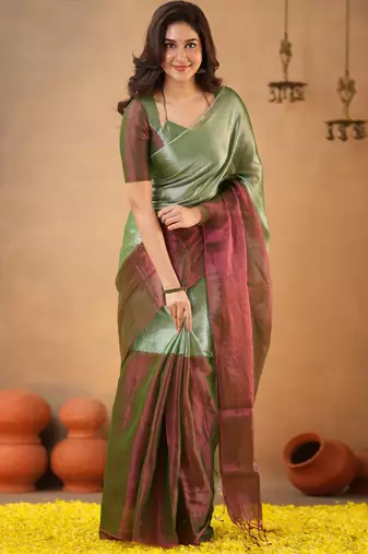 Green Pure Tissue Cotton Handloom South Indian Style Saree with Unstitched Blouse Piece