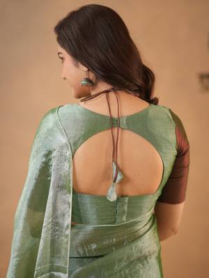 Green Pure Tissue Cotton Handloom South Indian Style Saree with Unstitched Blouse Piece 5