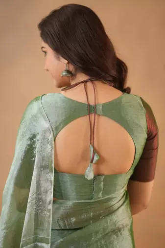 Green Pure Tissue Cotton Handloom South Indian Style Saree with Unstitched Blouse Piece