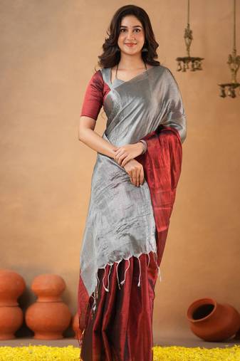 Silver Pure Tissue Cotton Handloom South Indian Style Saree with Unstitched Blouse Piece
