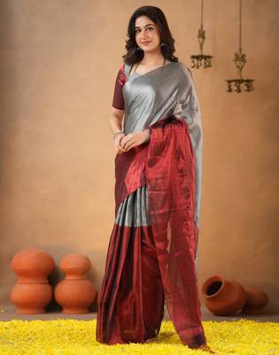 Silver Pure Tissue Cotton Handloom South Indian Style Saree with Unstitched Blouse Piece 2