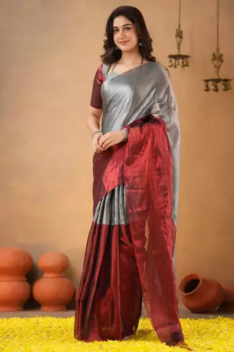 Silver Pure Tissue Cotton Handloom South Indian Style Saree with Unstitched Blouse Piece