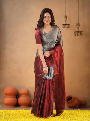 Silver Pure Tissue Cotton Handloom South Indian Style Saree with Unstitched Blouse Piece 3