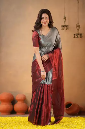 Silver Pure Tissue Cotton Handloom South Indian Style Saree with Unstitched Blouse Piece
