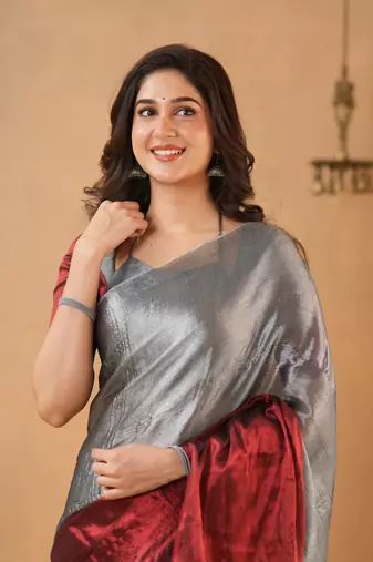 Silver Pure Tissue Cotton Handloom South Indian Style Saree with Unstitched Blouse Piece