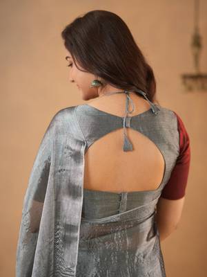 Silver Pure Tissue Cotton Handloom South Indian Style Saree with Unstitched Blouse Piece 5