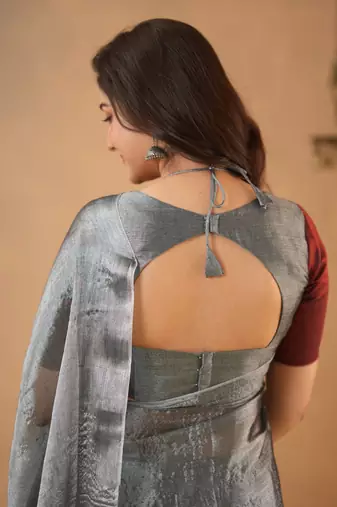 Silver Pure Tissue Cotton Handloom South Indian Style Saree with Unstitched Blouse Piece
