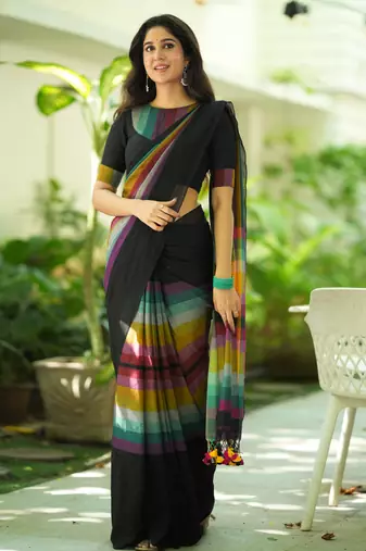 Black Pure Tissue Cotton Handloom South Indian Style Saree with Unstitched Blouse Piece 
