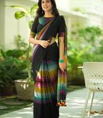 Black Pure Tissue Cotton Handloom South Indian Style Saree with Unstitched Blouse Piece 