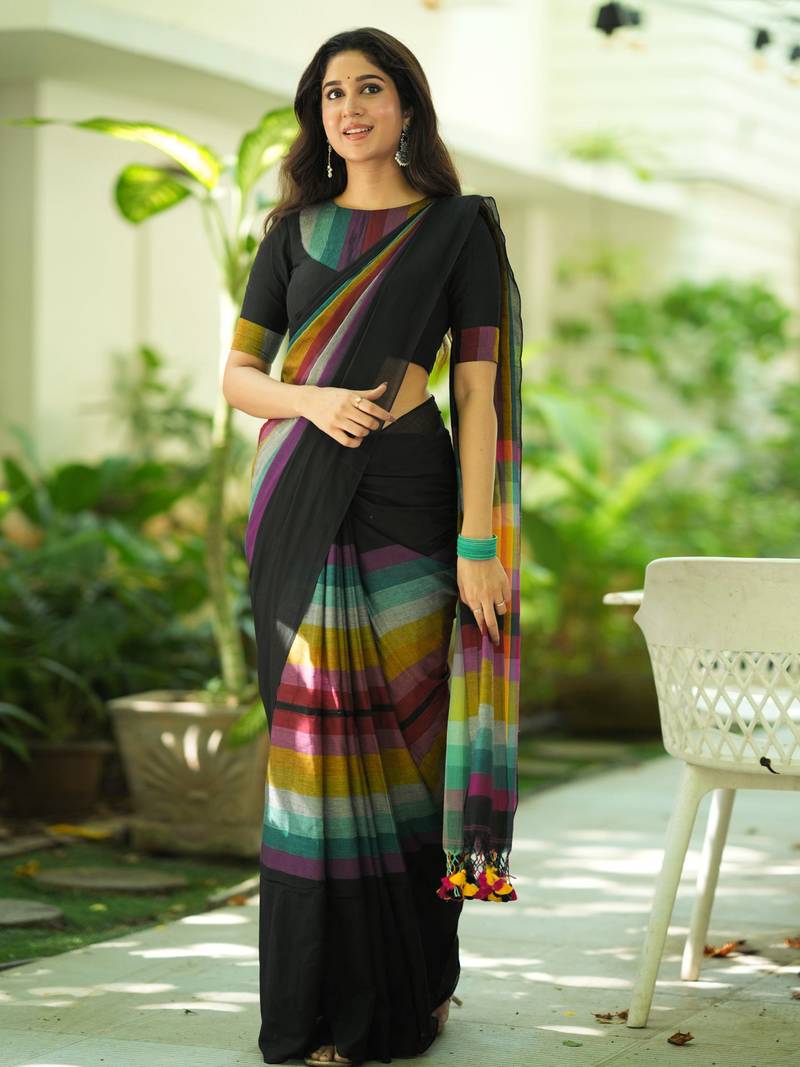 Black Pure Tissue Cotton Handloom South Indian Style Saree with Unstitched Blouse Piece 