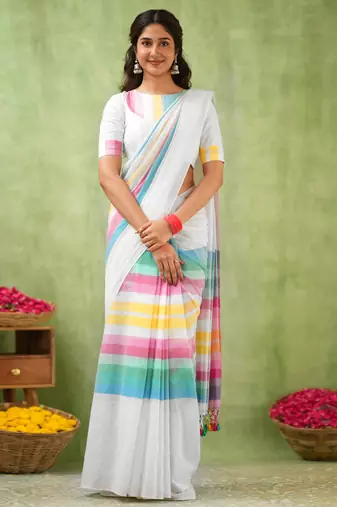 White Pure Tissue Cotton Handloom South Indian Style Saree with Unstitched Blouse Piece 