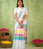 White Pure Tissue Cotton Handloom South Indian Style Saree with Unstitched Blouse Piece 