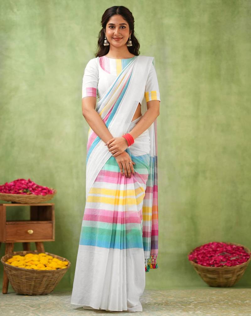 White Pure Tissue Cotton Handloom South Indian Style Saree with Unstitched Blouse Piece 