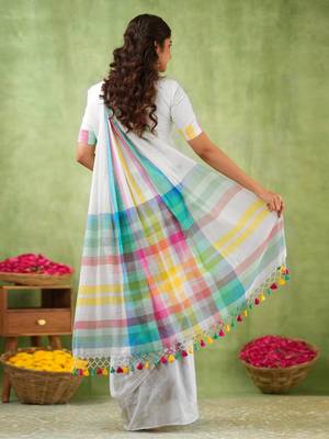 White Pure Tissue Cotton Handloom South Indian Style Saree with Unstitched Blouse Piece  2