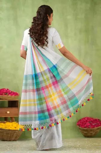 White Pure Tissue Cotton Handloom South Indian Style Saree with Unstitched Blouse Piece 