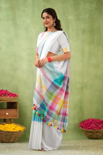 White Pure Tissue Cotton Handloom South Indian Style Saree with Unstitched Blouse Piece 